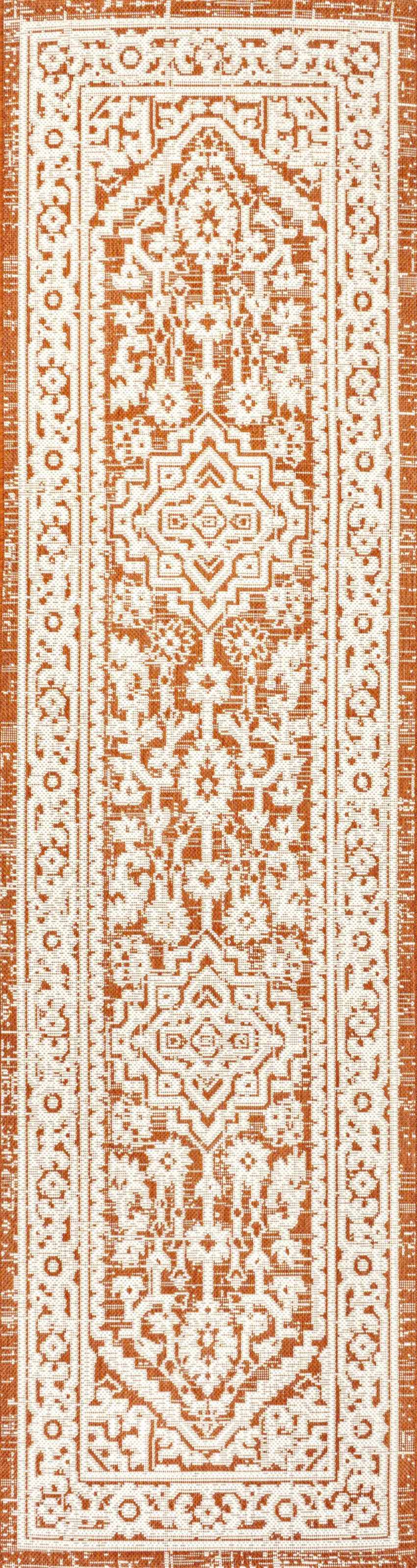 10' Orange And Cream Medallion Indoor Outdoor Runner Rug Photo 1