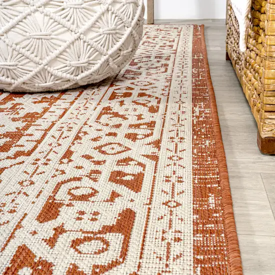 10' Orange And Cream Medallion Indoor Outdoor Runner Rug Photo 6