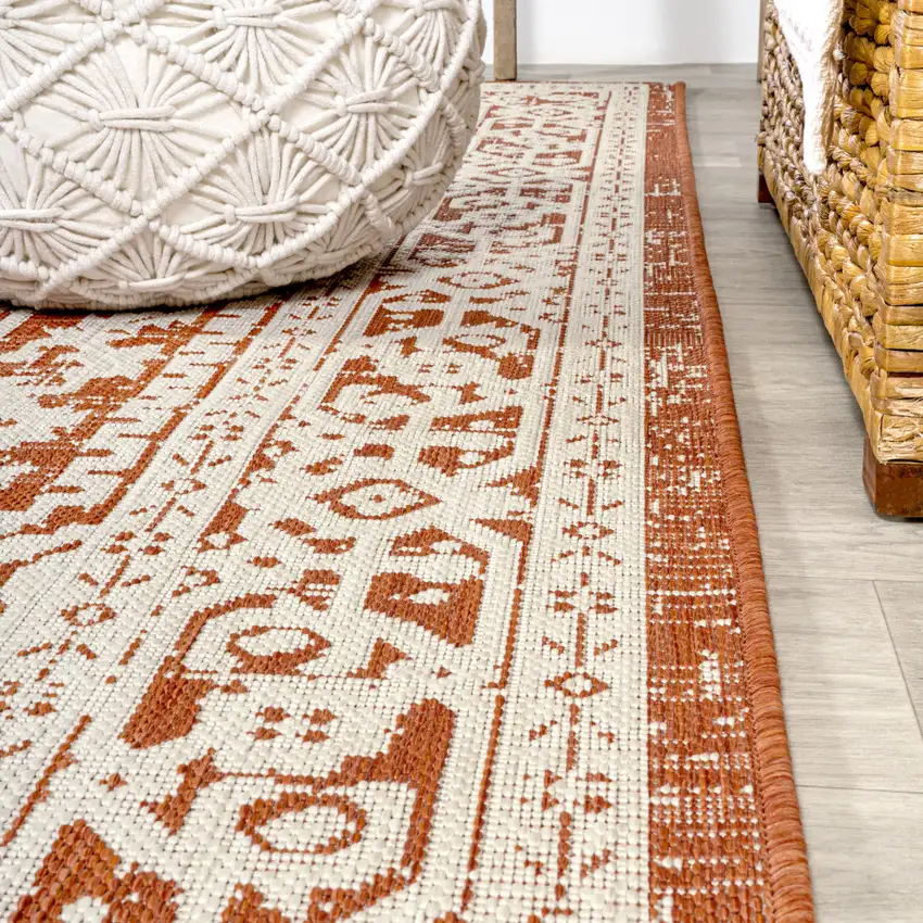 10' Orange And Cream Medallion Indoor Outdoor Runner Rug Photo 6