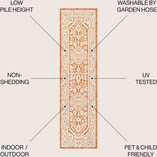 10' Orange And Cream Medallion Indoor Outdoor Runner Rug Photo 7