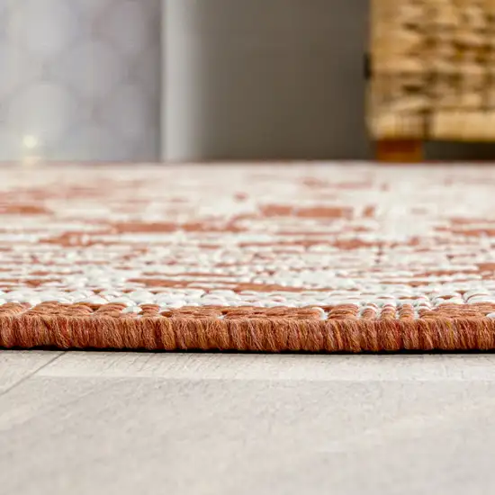 8' Orange And Cream Medallion Indoor Outdoor Runner Rug Photo 8