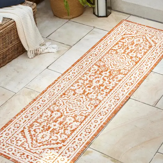 8' Orange And Cream Medallion Indoor Outdoor Runner Rug Photo 3