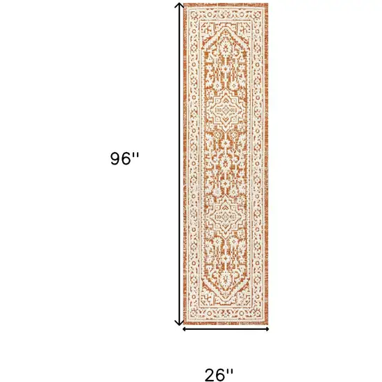 8' Orange And Cream Medallion Indoor Outdoor Runner Rug Photo 6