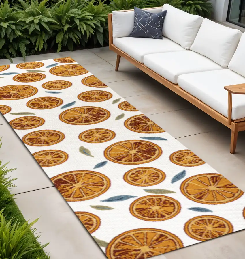 8' Orange And Cream Polka Dot Indoor Outdoor Runner Rug Photo 1