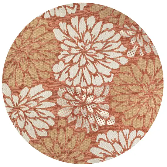5' Orange And Cream Round Floral Indoor Outdoor Area Rug Photo 1