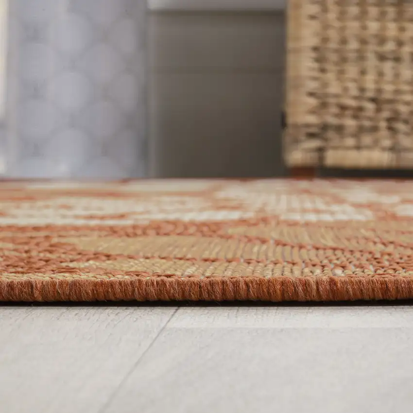 5' Orange And Cream Round Floral Indoor Outdoor Area Rug Photo 7