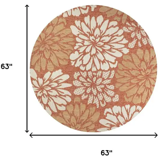 5' Orange And Cream Round Floral Indoor Outdoor Area Rug Photo 9