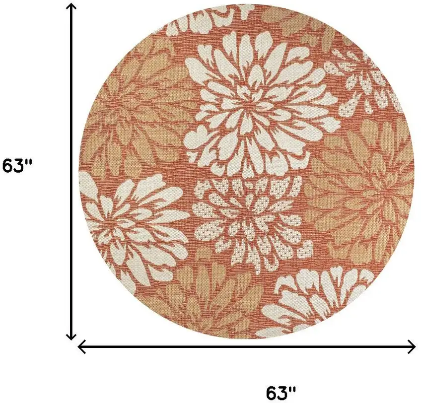 5' Orange And Cream Round Floral Indoor Outdoor Area Rug Photo 9