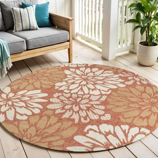 5' Orange And Cream Round Floral Indoor Outdoor Area Rug Photo 1