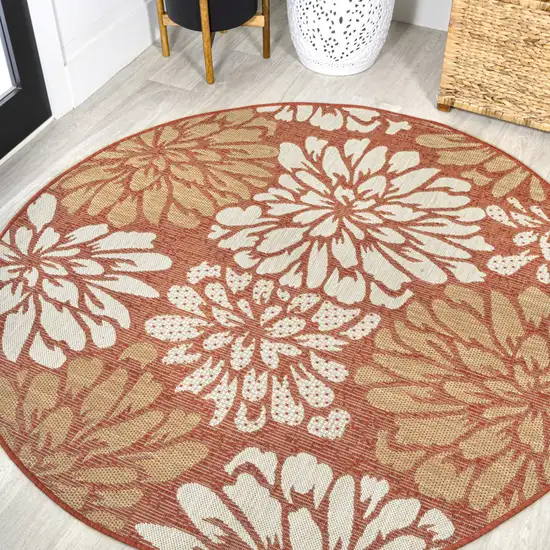 5' Orange And Cream Round Floral Indoor Outdoor Area Rug Photo 4