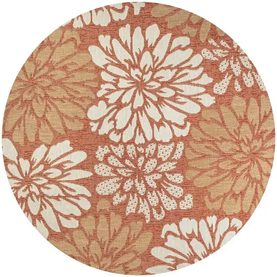 5' Orange And Cream Round Floral Indoor Outdoor Area Rug Photo 3
