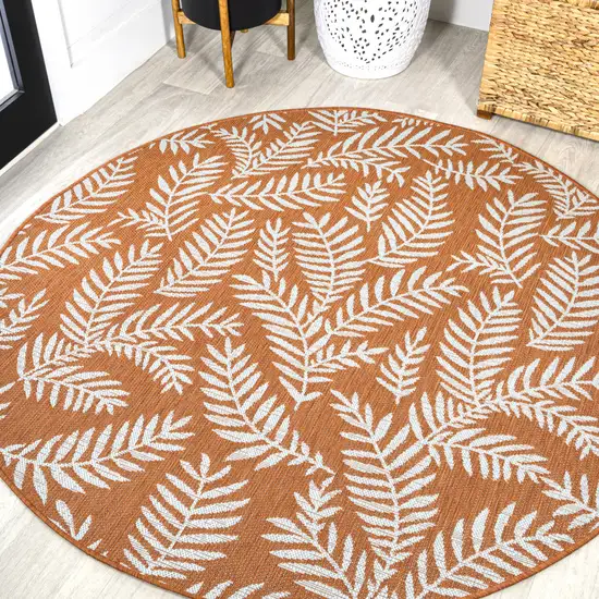 5' Orange And Cream Round Floral Indoor Outdoor Area Rug Photo 4