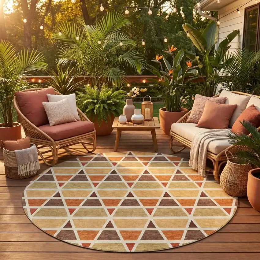 8' Orange And Cream Round Geometric Washable Indoor Outdoor Area Rug Photo 1