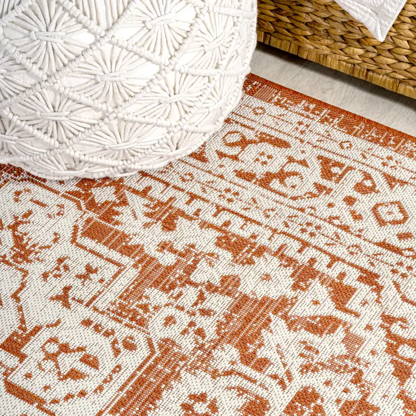 5' Orange And Cream Round Medallion Indoor Outdoor Area Rug Photo 8