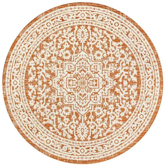 5' Orange And Cream Round Medallion Indoor Outdoor Area Rug Photo 3