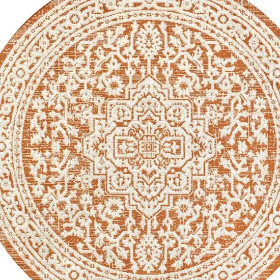 5' Orange And Cream Round Medallion Indoor Outdoor Area Rug Photo 2