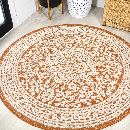 5' Orange And Cream Round Medallion Indoor Outdoor Area Rug Photo 4