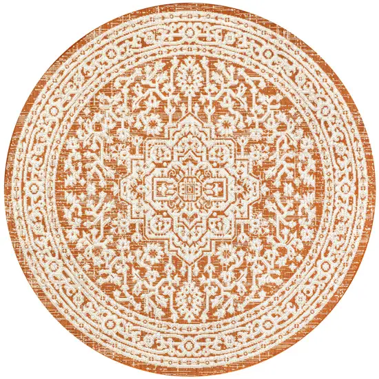 5' Orange And Cream Round Medallion Indoor Outdoor Area Rug Photo 1