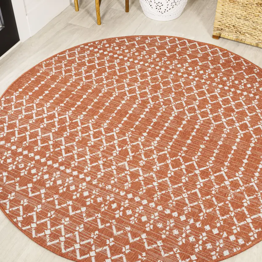 5' Orange And Cream Round Trellis Indoor Outdoor Area Rug Photo 4