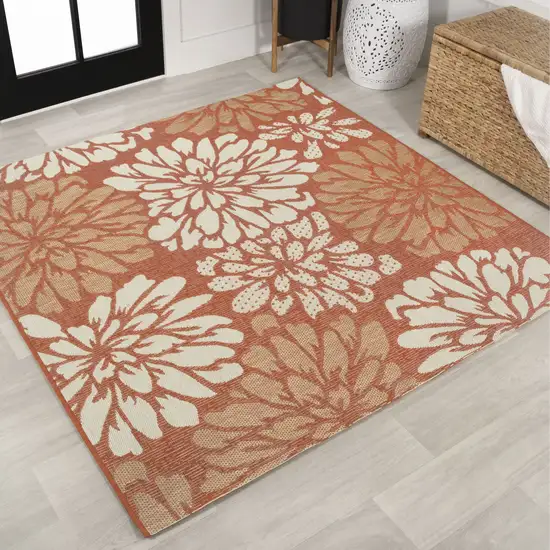 5' Orange And Cream Square Floral Indoor Outdoor Area Rug Photo 4