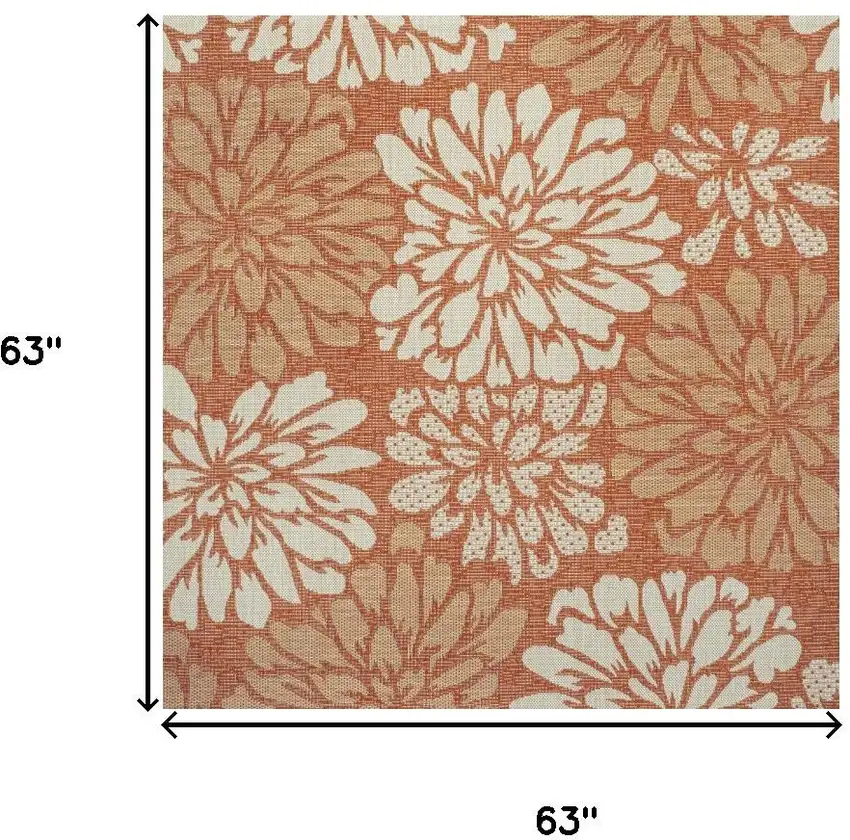 5' Orange And Cream Square Floral Indoor Outdoor Area Rug Photo 9