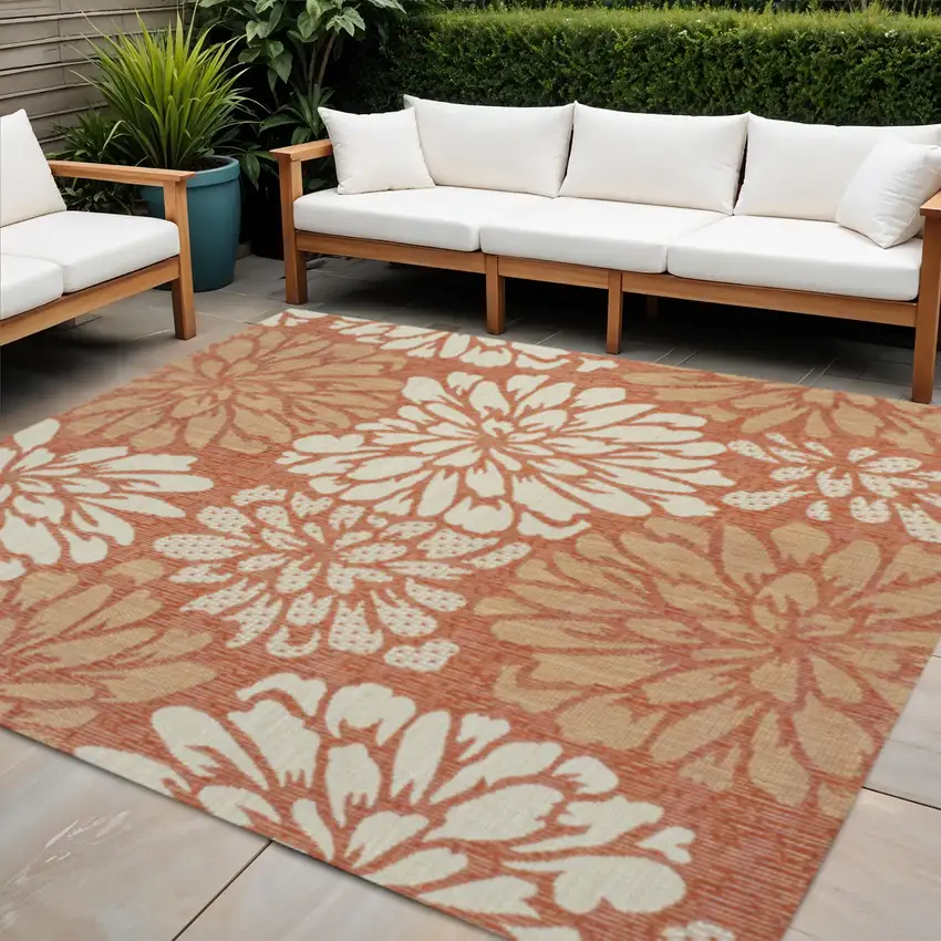 5' Orange And Cream Square Floral Indoor Outdoor Area Rug Photo 1