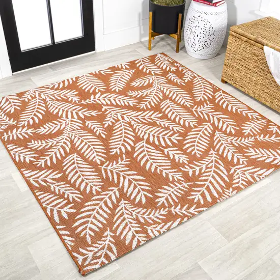 5' Orange And Cream Square Floral Indoor Outdoor Area Rug Photo 4