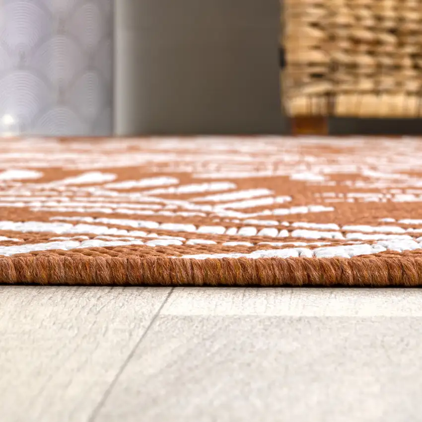 5' Orange And Cream Square Floral Indoor Outdoor Area Rug Photo 7