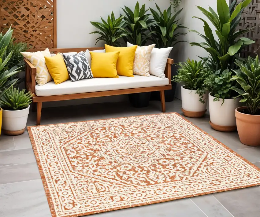 5' Orange And Cream Square Medallion Indoor Outdoor Area Rug Photo 1