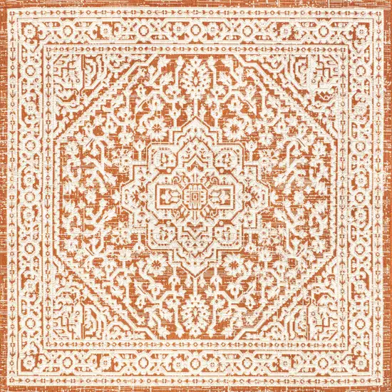 5' Orange And Cream Square Medallion Indoor Outdoor Area Rug Photo 1