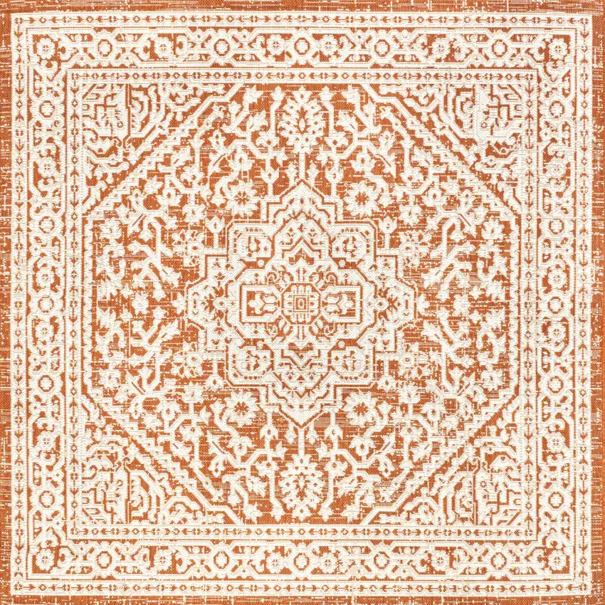 5' Orange And Cream Square Medallion Indoor Outdoor Area Rug Photo 1
