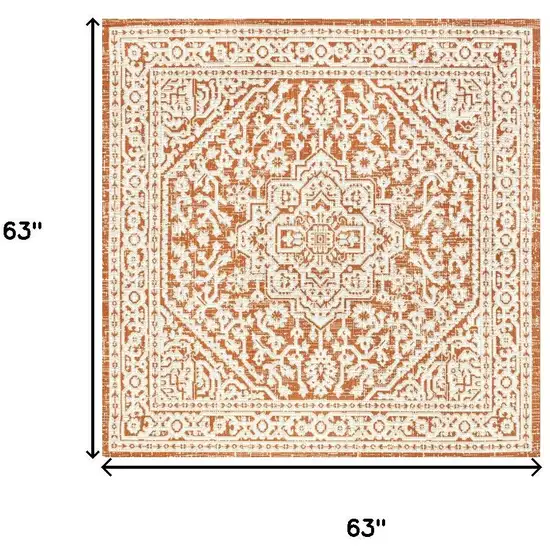 5' Orange And Cream Square Medallion Indoor Outdoor Area Rug Photo 9