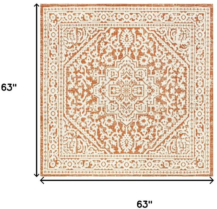 5' Orange And Cream Square Medallion Indoor Outdoor Area Rug Photo 9
