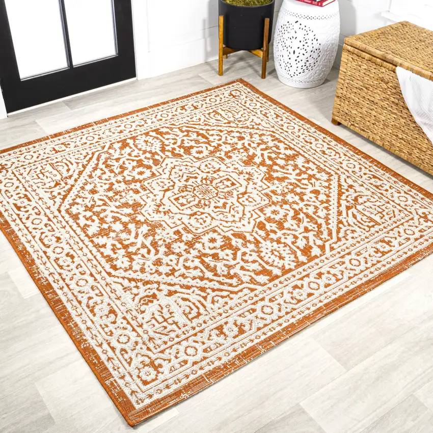 5' Orange And Cream Square Medallion Indoor Outdoor Area Rug Photo 4