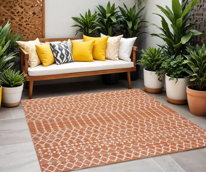 5' Orange And Cream Square Trellis Indoor Outdoor Area Rug Photo 1