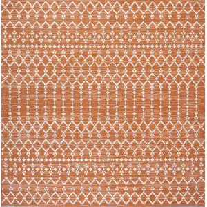 Photo of 5' Orange And Cream Square Trellis Indoor Outdoor Area Rug