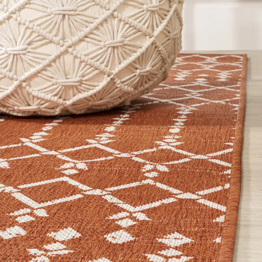 5' Orange And Cream Square Trellis Indoor Outdoor Area Rug Photo 8