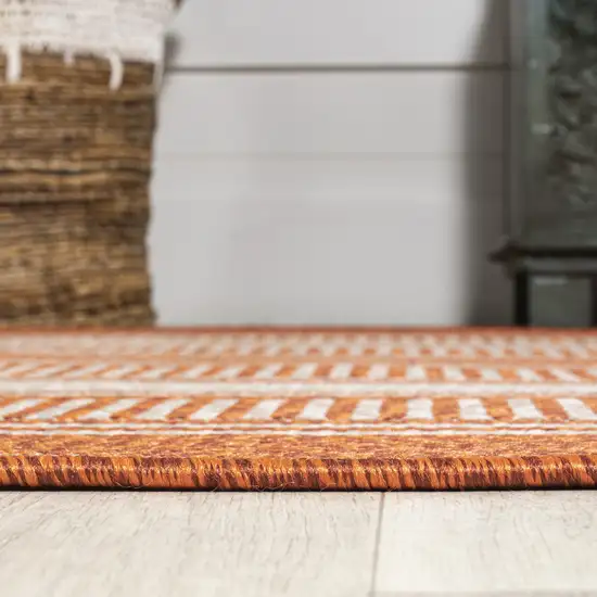 8' Orange And Cream Striped Indoor Outdoor Runner Rug Photo 6