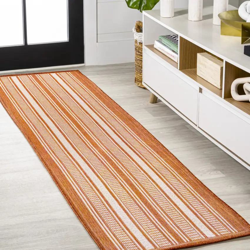 8' Orange And Cream Striped Indoor Outdoor Runner Rug Photo 1