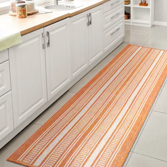 8' Orange And Cream Striped Indoor Outdoor Runner Rug Photo 3