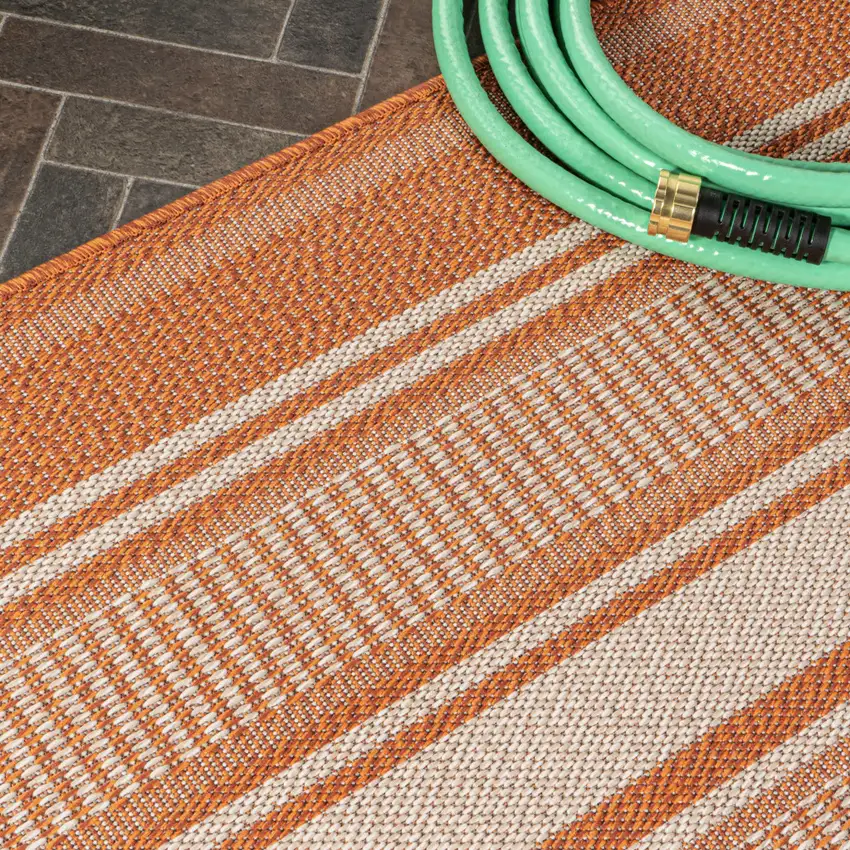 8' Orange And Cream Striped Indoor Outdoor Runner Rug Photo 7