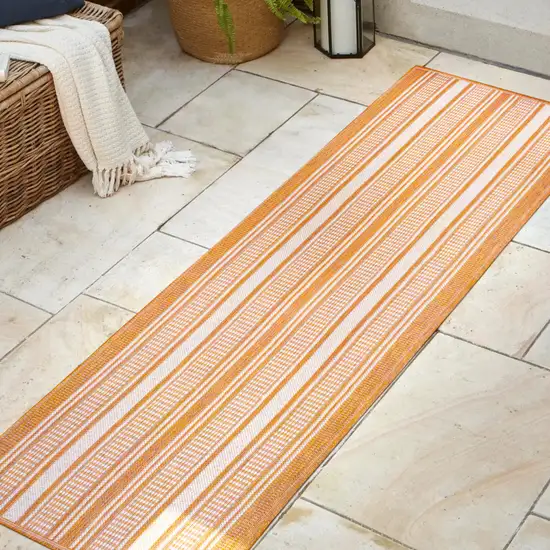 8' Orange And Cream Striped Indoor Outdoor Runner Rug Photo 2
