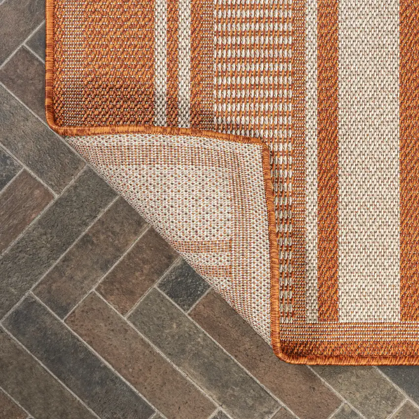 8' Orange And Cream Striped Indoor Outdoor Runner Rug Photo 5