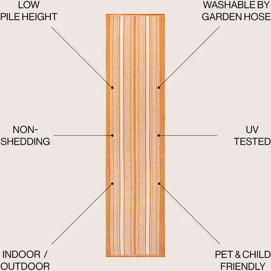 8' Orange And Cream Striped Indoor Outdoor Runner Rug Photo 4