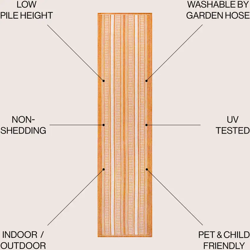 8' Orange And Cream Striped Indoor Outdoor Runner Rug Photo 4