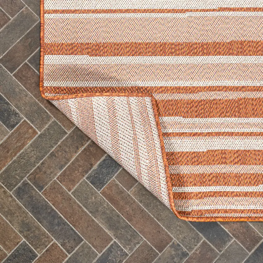 8' Orange And Cream Striped Indoor Outdoor Runner Rug Photo 9
