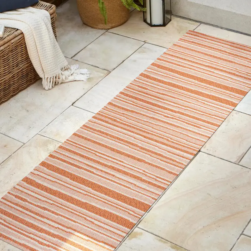 8' Orange And Cream Striped Indoor Outdoor Runner Rug Photo 5