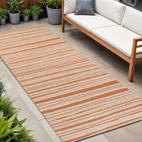 8' Orange And Cream Striped Indoor Outdoor Runner Rug Photo 1