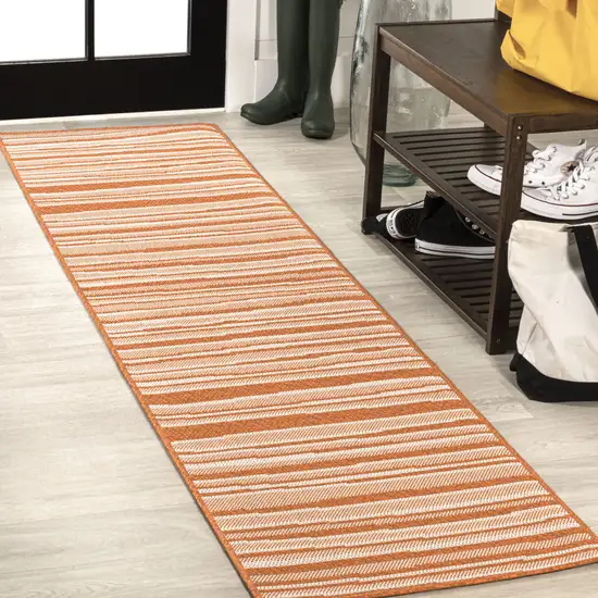 8' Orange And Cream Striped Indoor Outdoor Runner Rug Photo 4