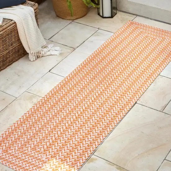 8' Orange And Cream Striped Indoor Outdoor Runner Rug Photo 5